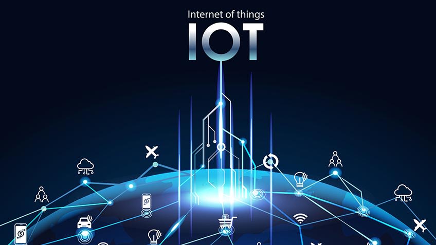 IoT Internet of Things text above a globe with nodes connecting many abstract business icons