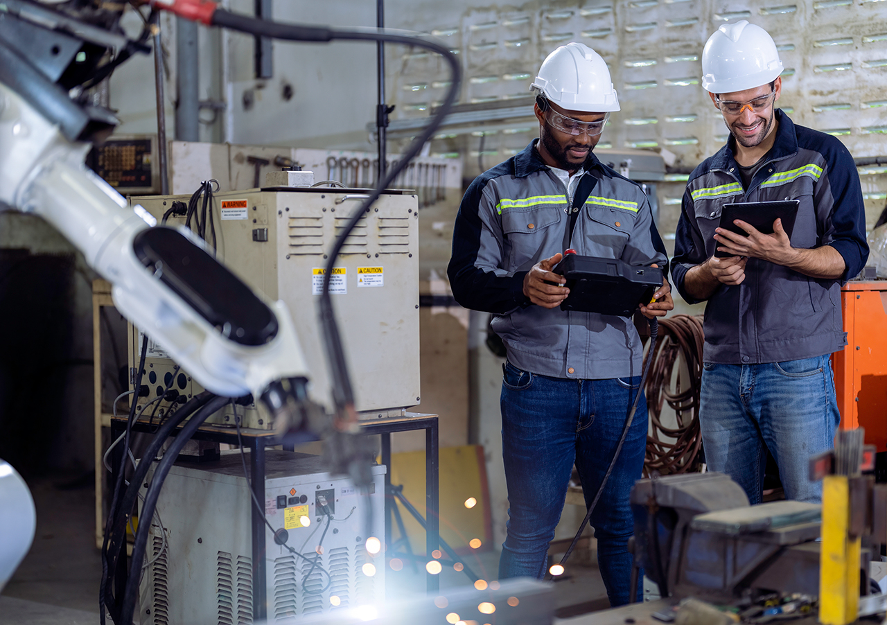 Industriral engineers stand and recording robotic arm data on tablet in manufacturing facility.