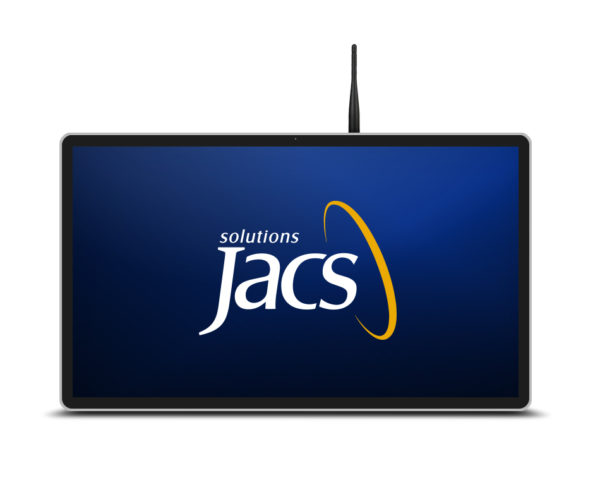 TP2103 POE Display with JACS Solutions logo on blue background