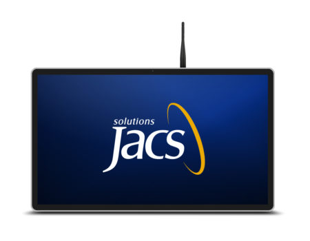 TP2103 POE Display with JACS Solutions logo on blue background