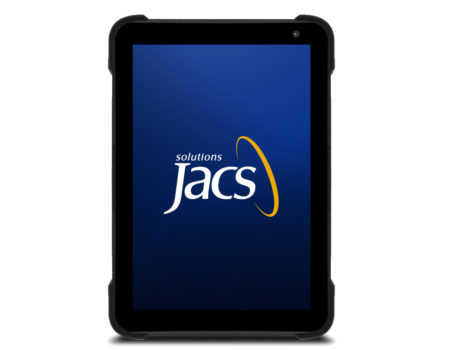 TR0812 Tablet with JACS Solutions logo on blue background
