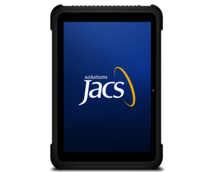 TR1012 Tablet with JACS Solutions logo on blue background