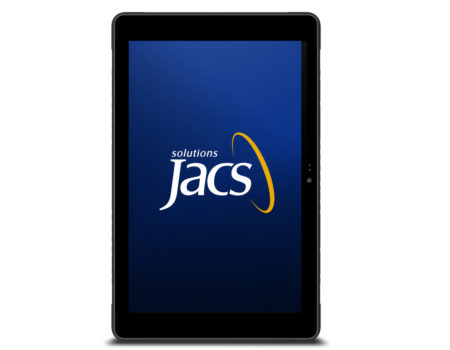 TT1001 Tablet with JACS Solutions logo on blue background