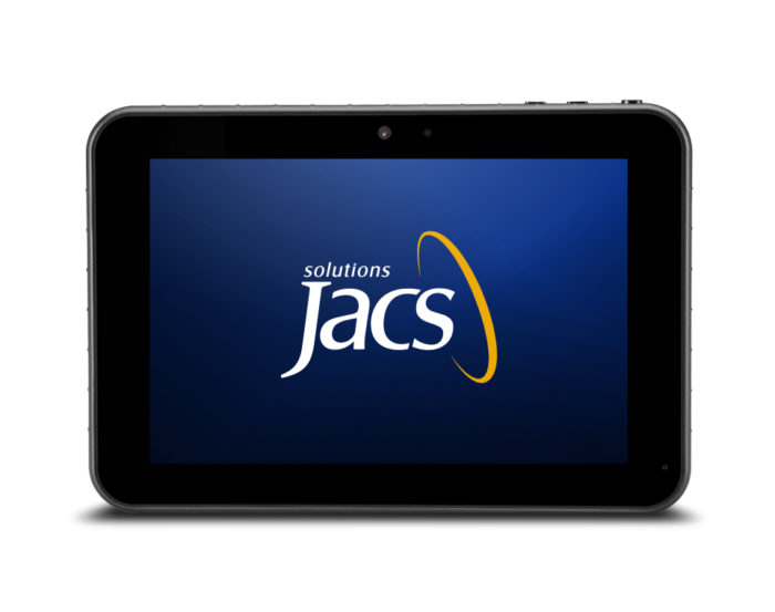 TT800V Tablet with JACS Solutions logo on blue background