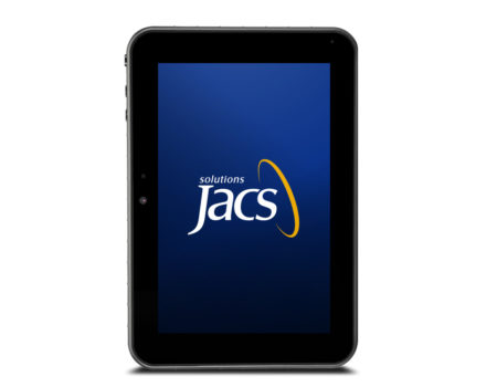 TT800V Tablet with JACS Solutions logo on blue background
