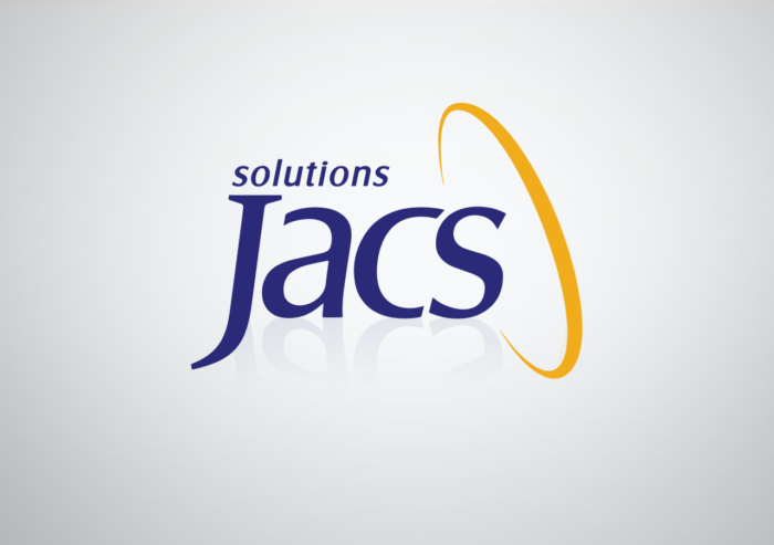 JACS Solutions logo on gray background with reflection