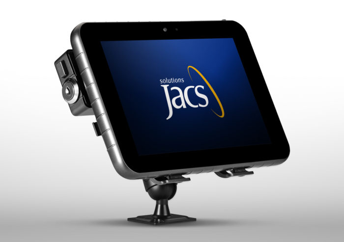 JACS Solutions TT800V tablet with locking dashboard mount studio beauty.