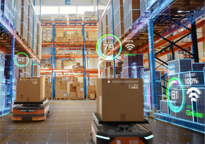 Automated smart robotic warehouse with technology data graphics.