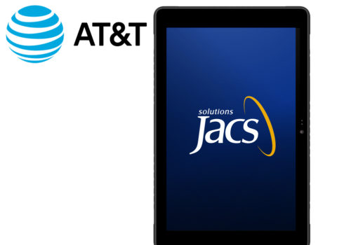 AT&T logo next to a stock image of the JACS TT1001 4G tablet