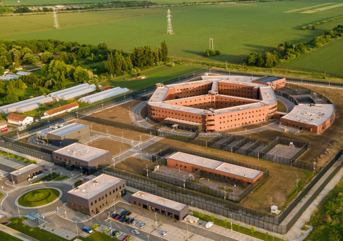 Aerial view of a federal prison landscape in rural U.S.