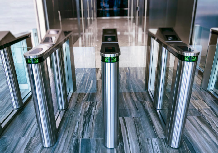 Security checkpoint at a government facilitiy, with biometric gates for entry